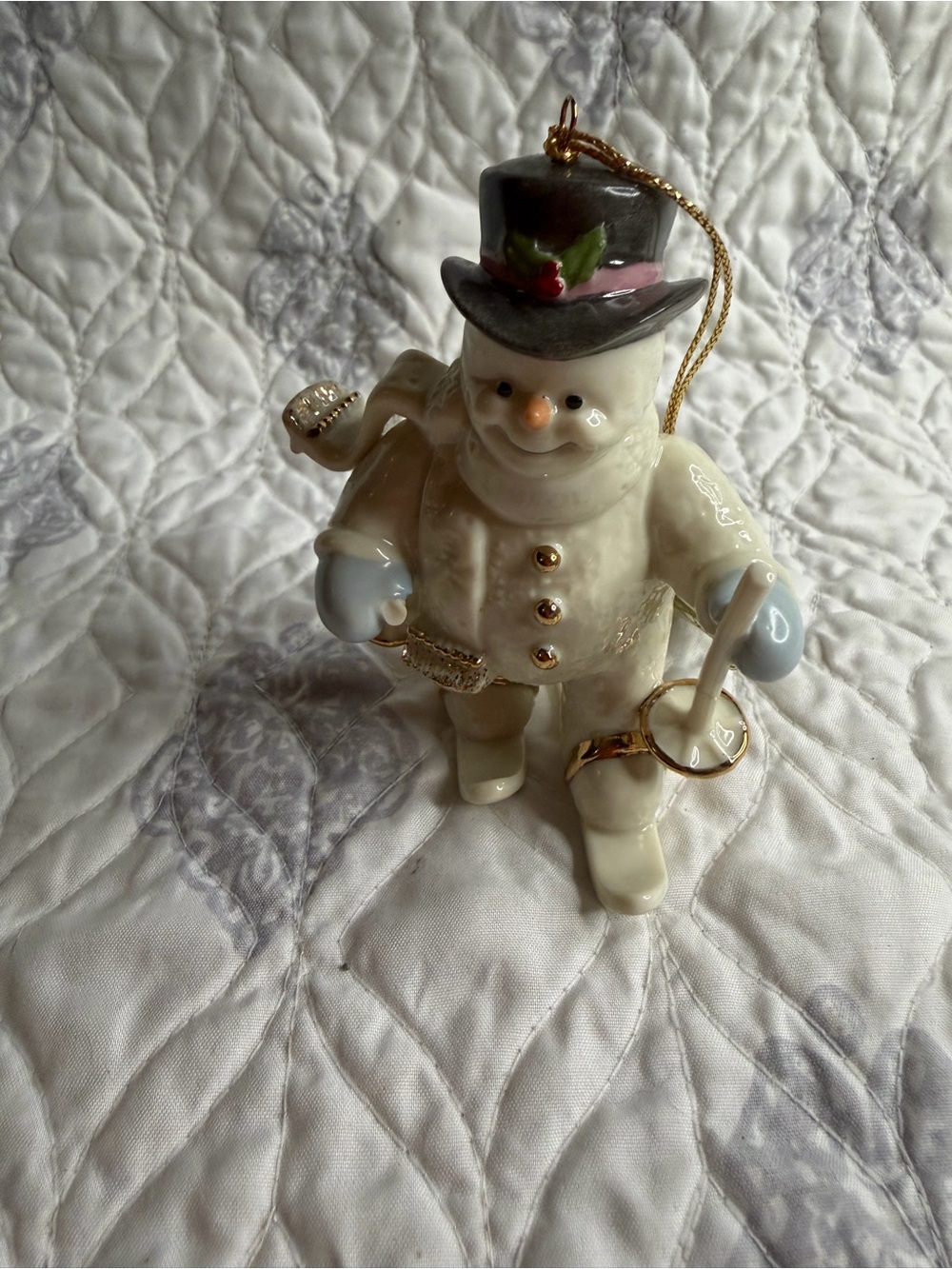 Lenox Cream Snowman Ornament with Black Top Hat and Gold Accents